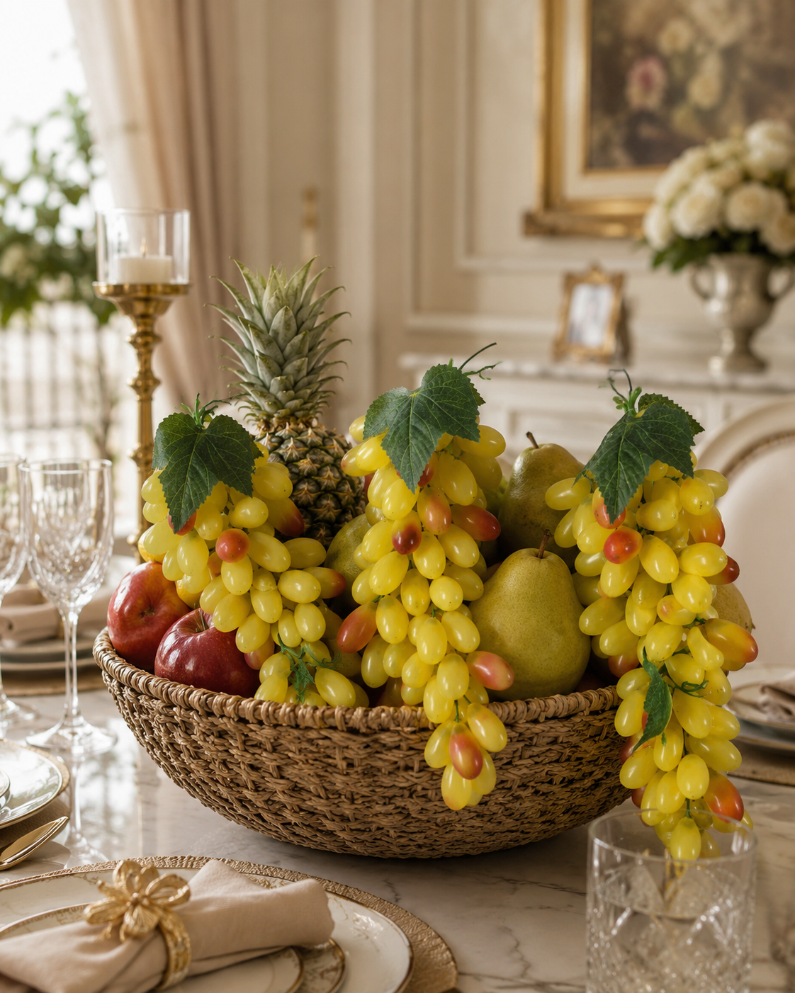 Faux Yellow Grape Cluster GRT-03 - 15 inch artificial yellow grape bunch with blush pink tips and green vine leaves, styled home decor
