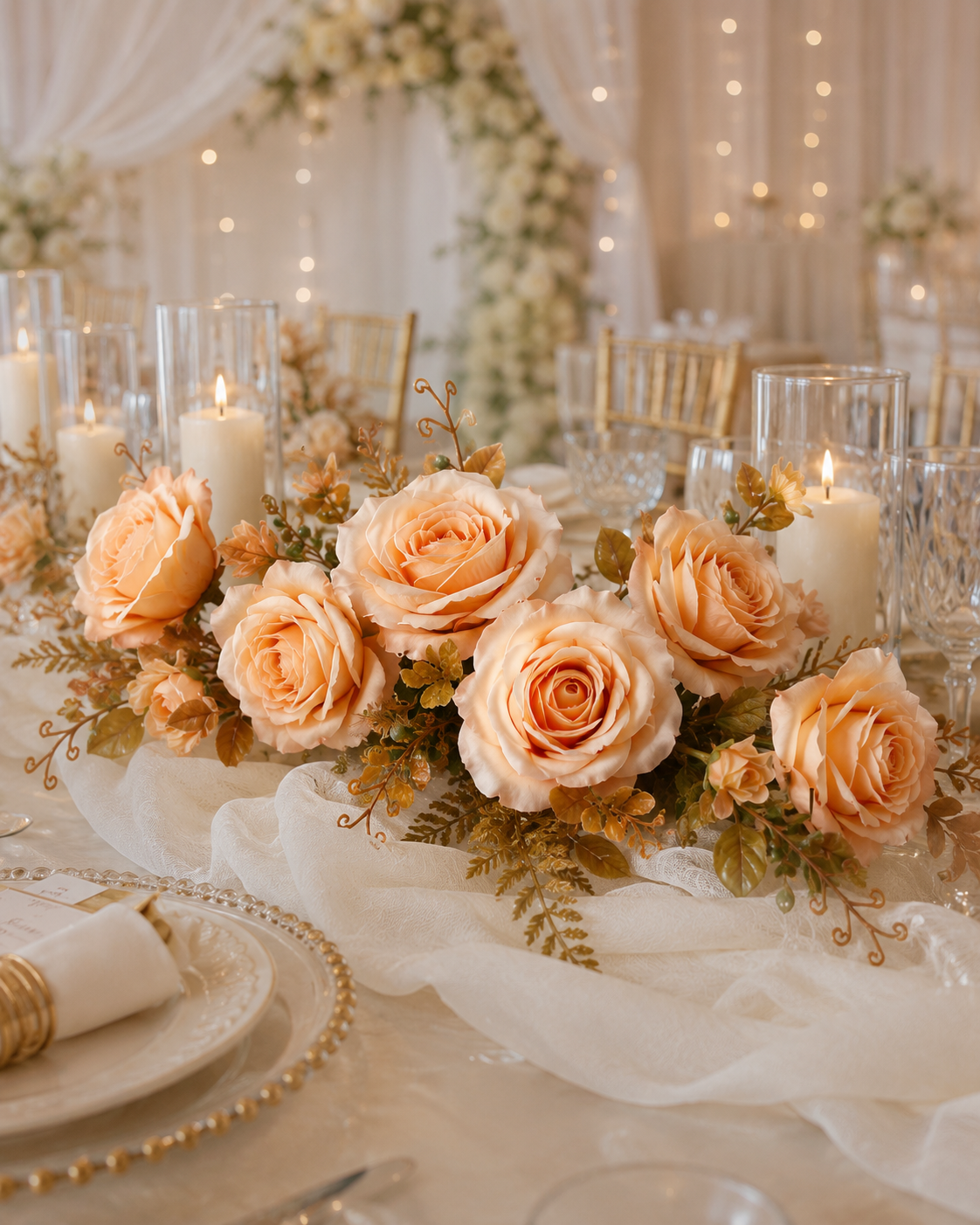 Faux peach rose bouquet ROB-01 as wedding table centerpiece with candles and white draping