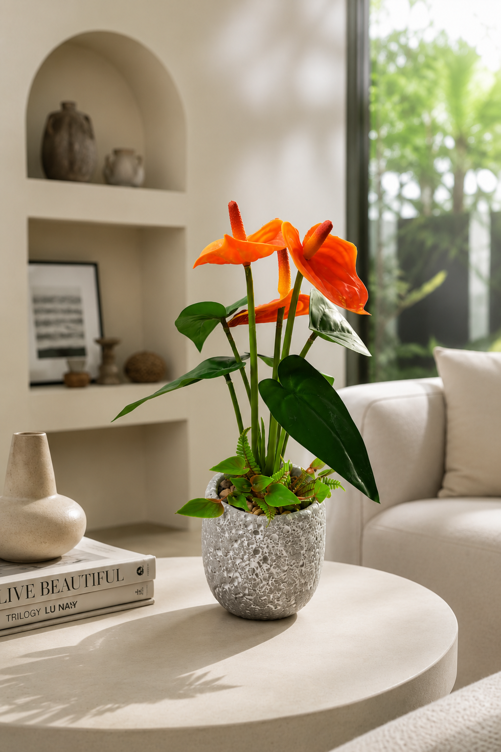 Faux orange anthurium lifestyle on coffee table in modern living room