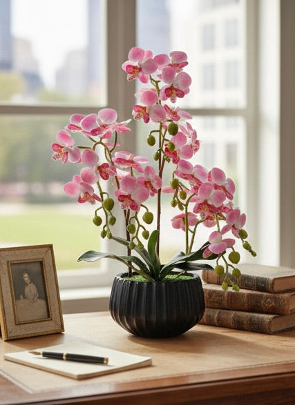 Faux Pink Phalaenopsis Orchid Arrangement in Black Ribbed Pot - lifestyle home decor display