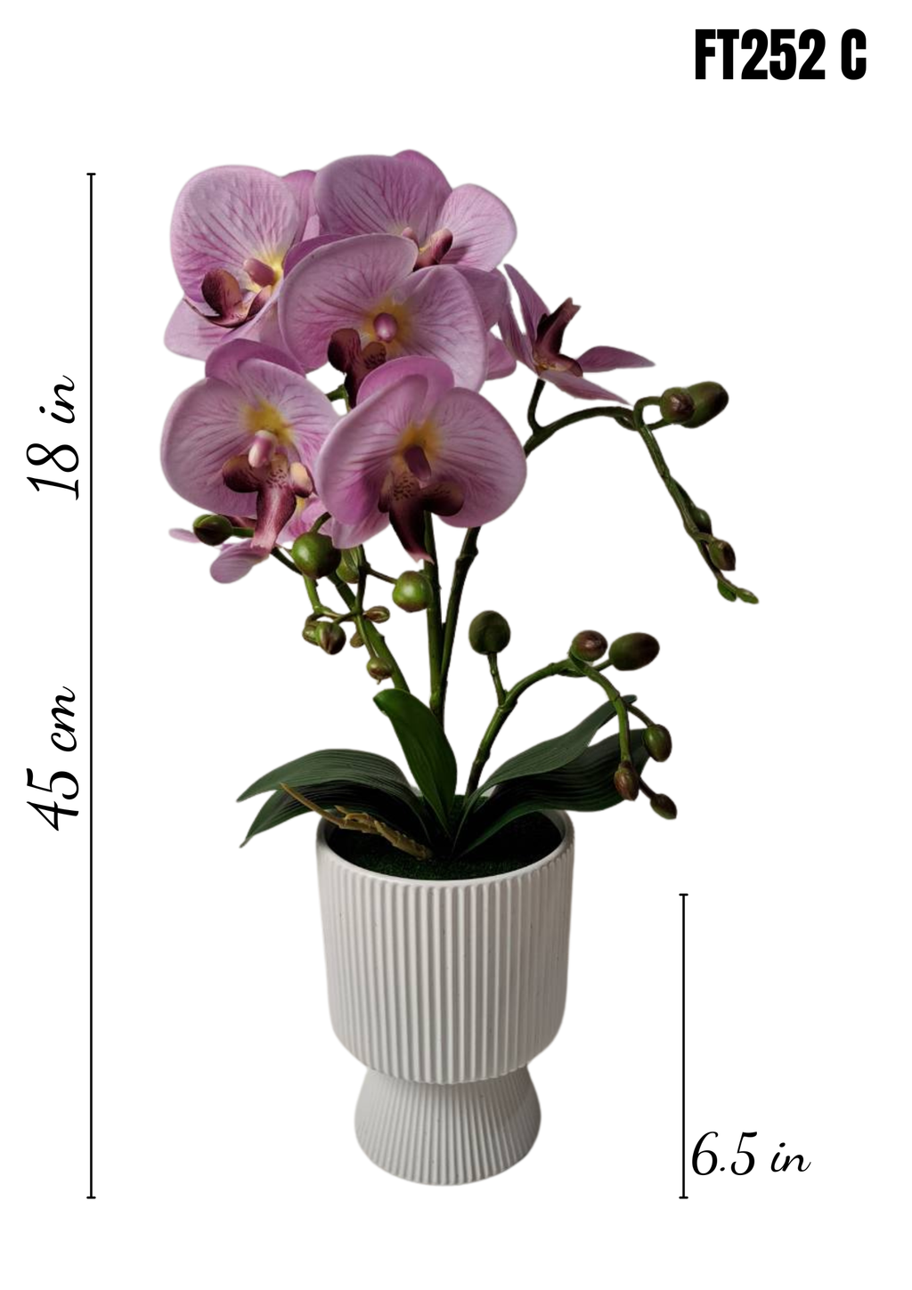 FT252C faux orchid arrangement dimensions 18in height 6.5in pot