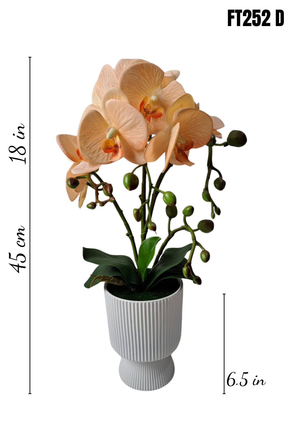 FT252D faux peach orchid arrangement dimensions 18in height 6.5in pot