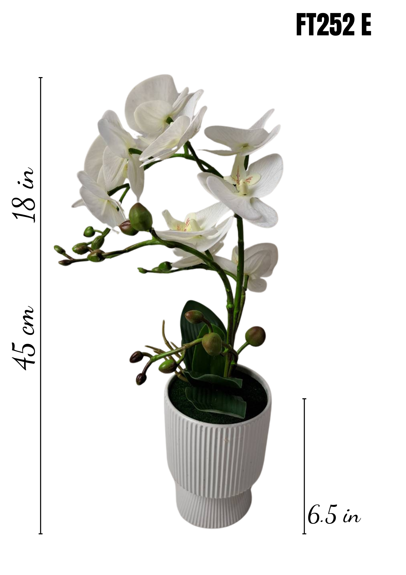 FT252E faux white orchid arrangement dimensions 18in height 6.5in pot