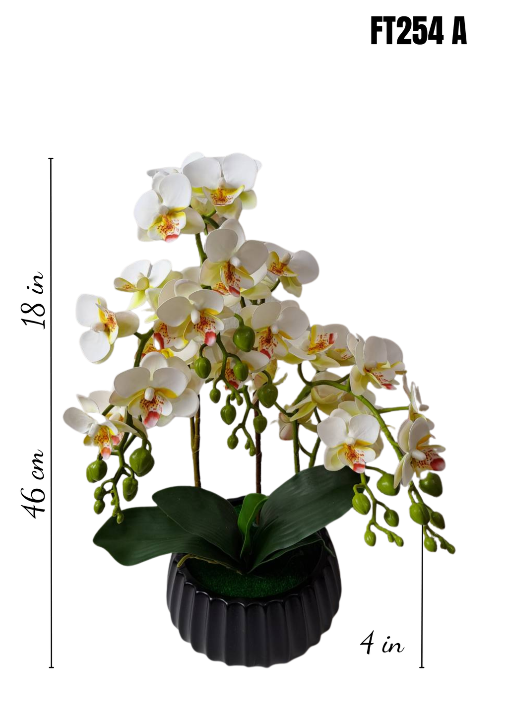 FT254A faux white yellow orchid arrangement 18in height 4in black ribbed pot