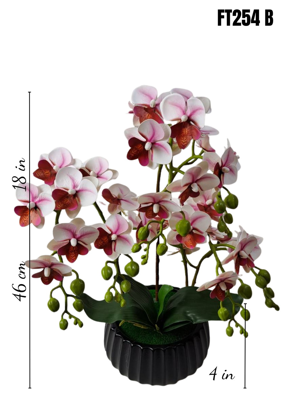 FT254B faux pink burgundy orchid arrangement 18in height 4in black ribbed pot