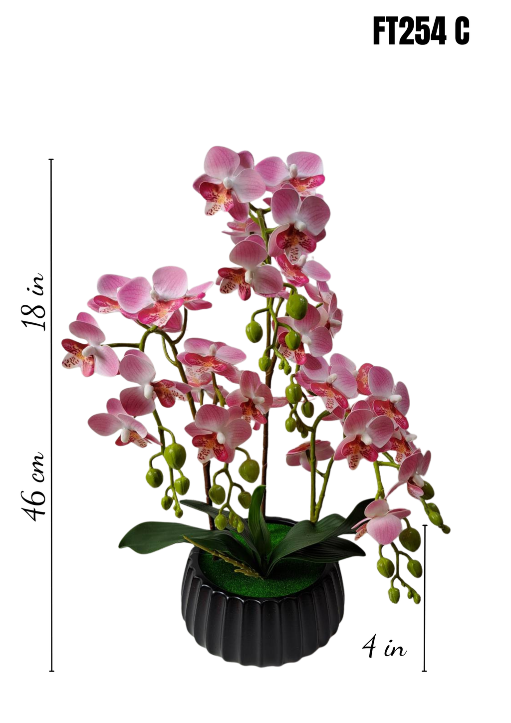 FT254C faux pink orchid arrangement 18in height 4in black ribbed pot