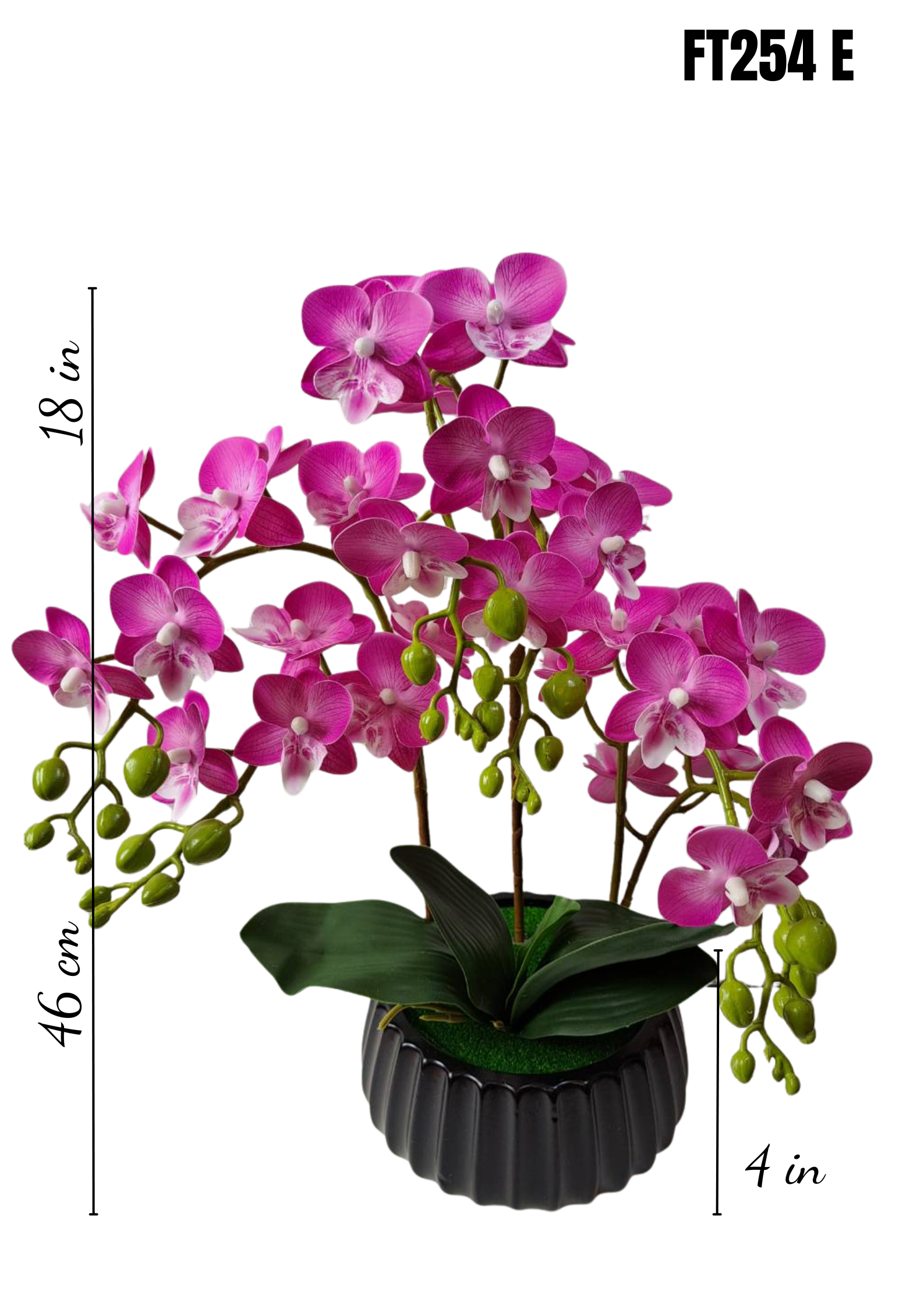 FT254E faux magenta orchid arrangement 18in height 4in black ribbed pot