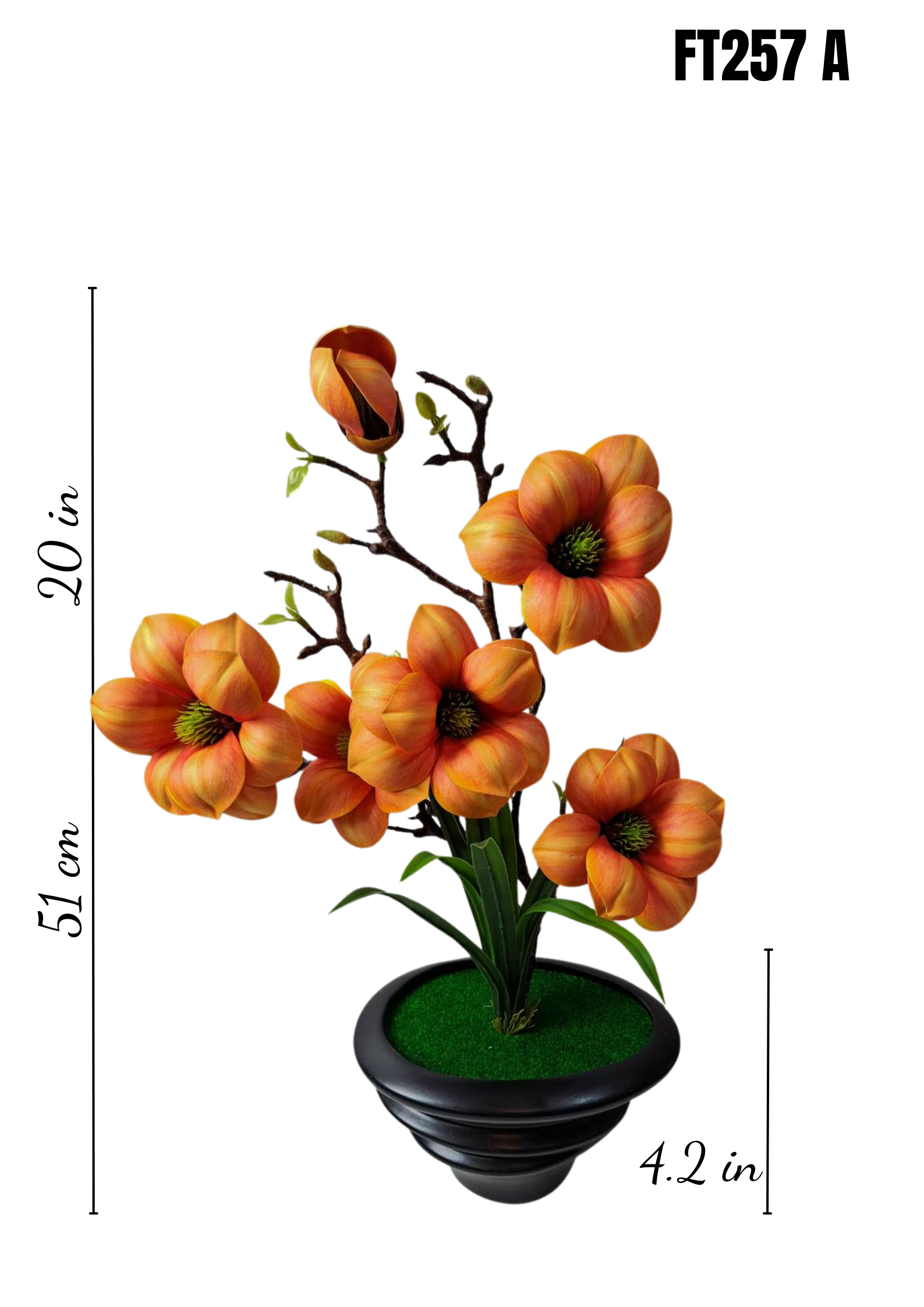 FT-257-A faux orange magnolia arrangement with dimensions 20in height 4.2in pot