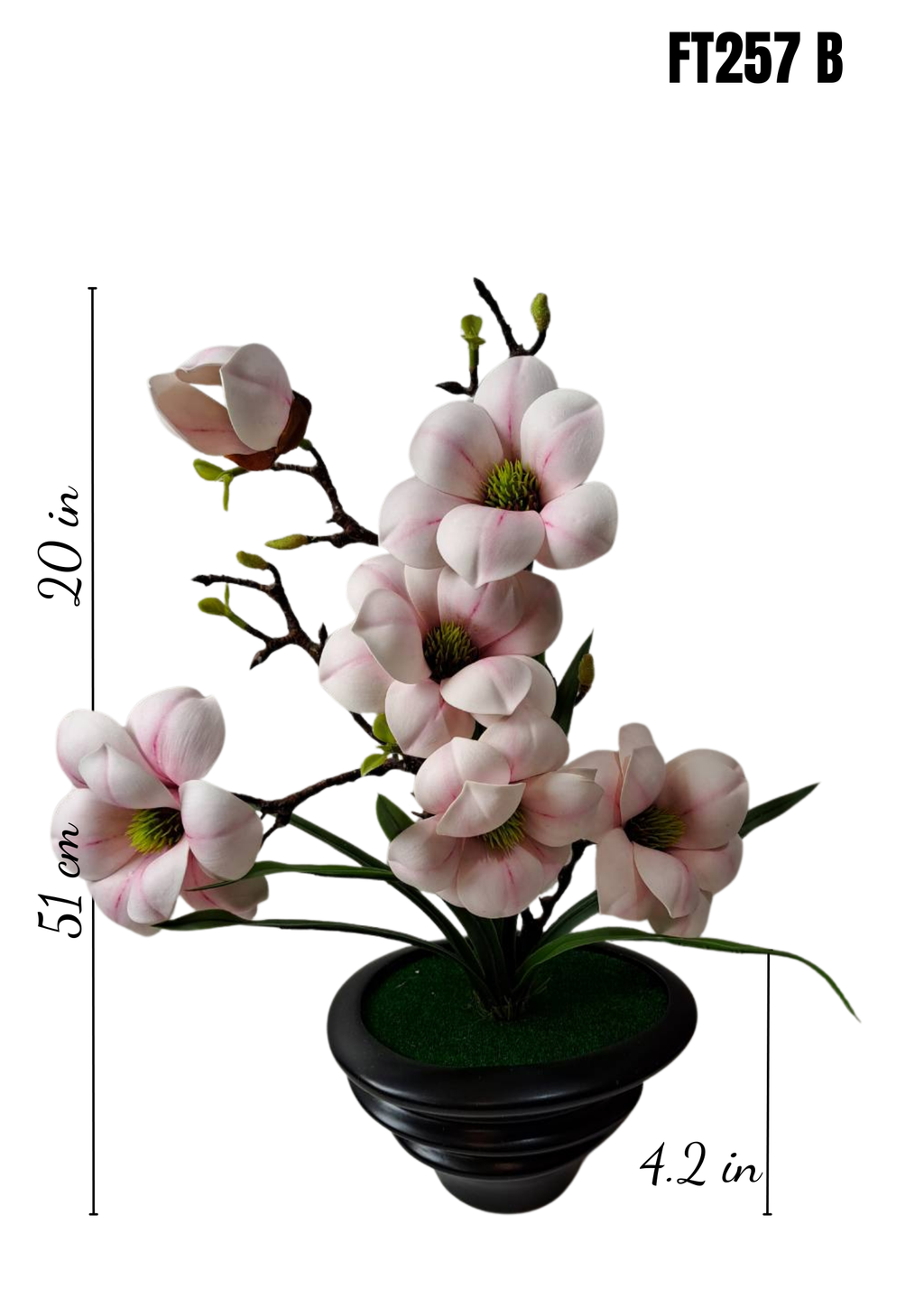 FT-257-B faux blush pink magnolia arrangement with dimensions 20in height 4.2in pot