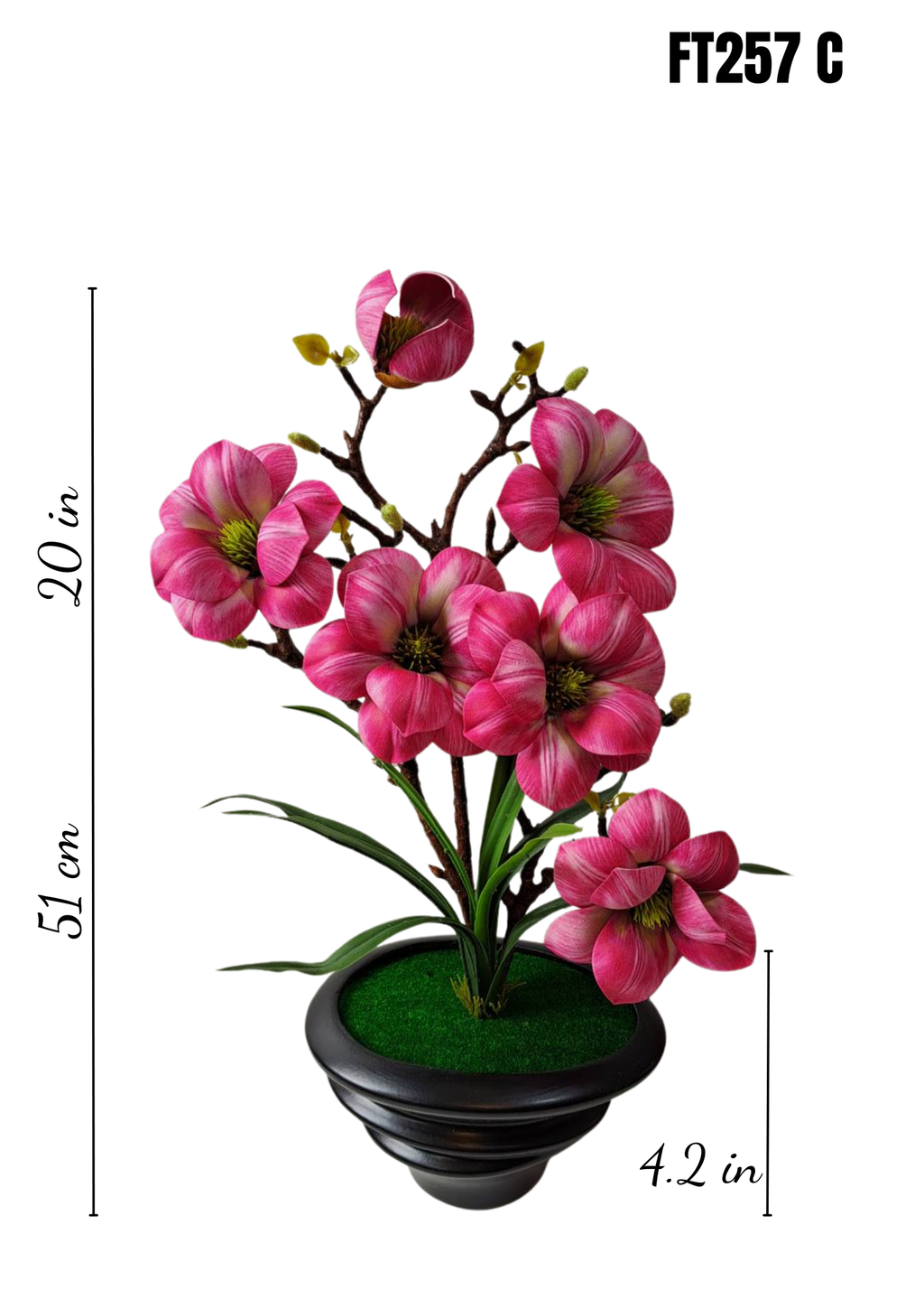 FT-257-C faux hot pink magnolia arrangement with dimensions 20in height 4.2in pot
