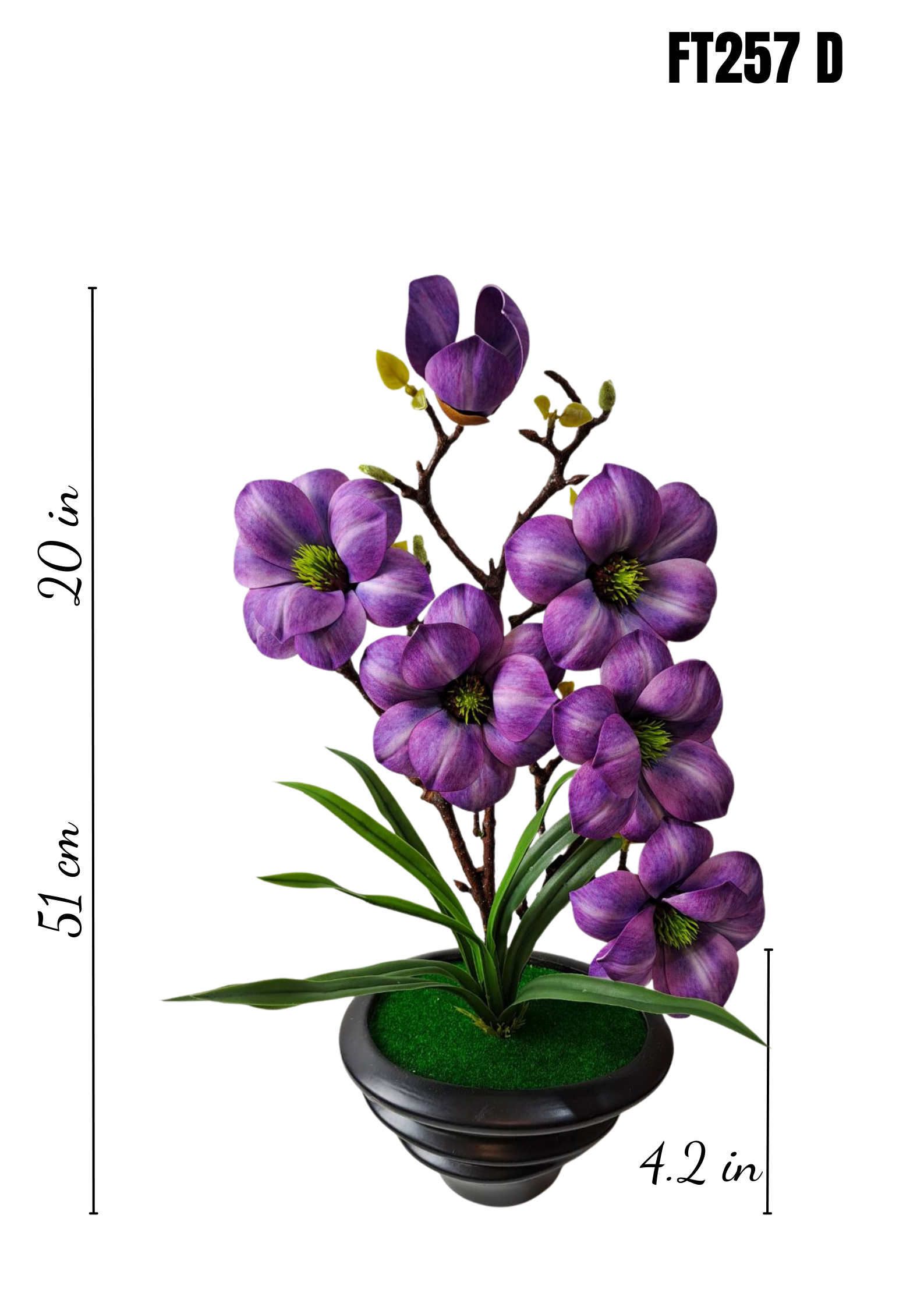 FT-257-D faux purple magnolia arrangement with dimensions 20in height 51cm 4.2in pot