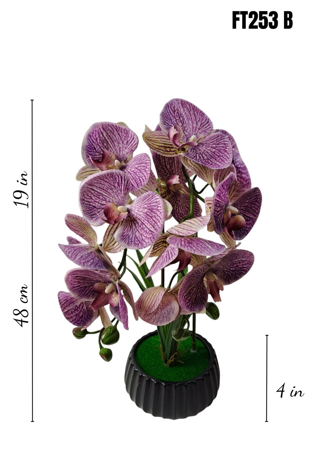 FT-253-B faux purple orchid arrangement with dimensions 19in x 4in pot
