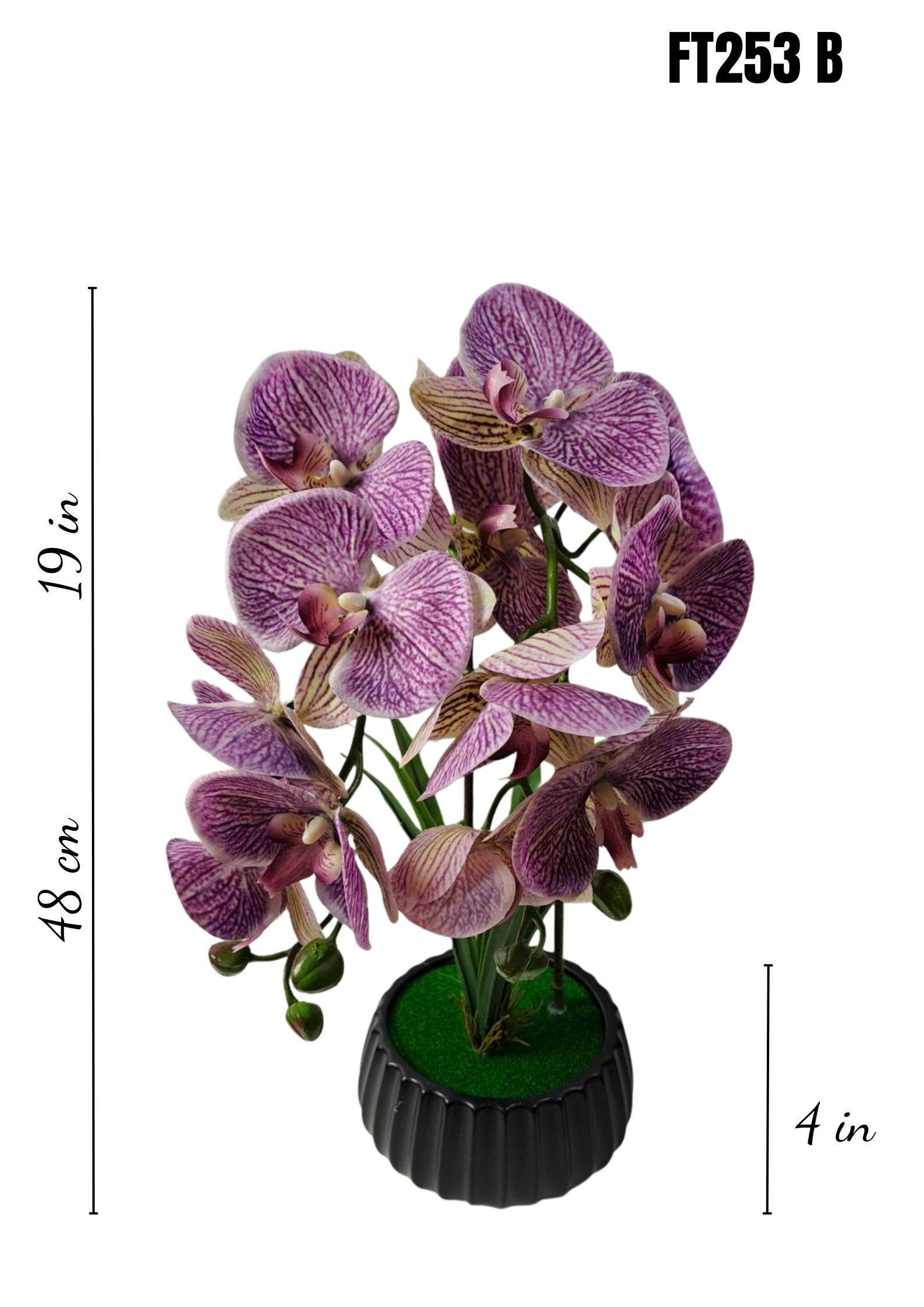 FT-253-B faux purple orchid arrangement with dimensions 19in x 4in pot