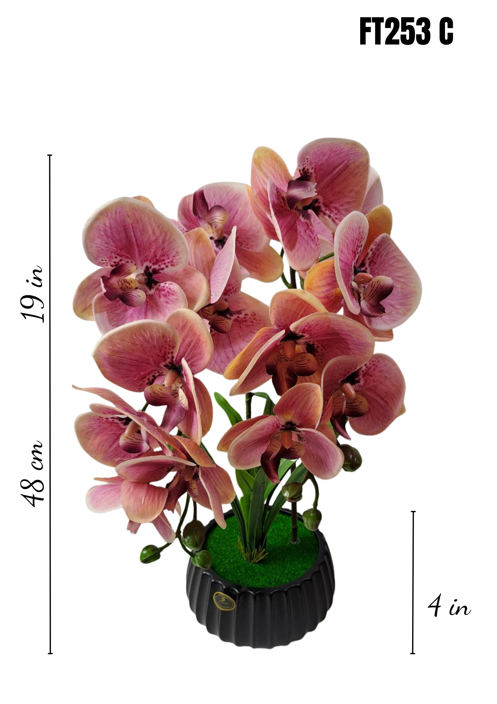 FT-253-C faux pink orchid arrangement with dimensions 19in x 4in pot