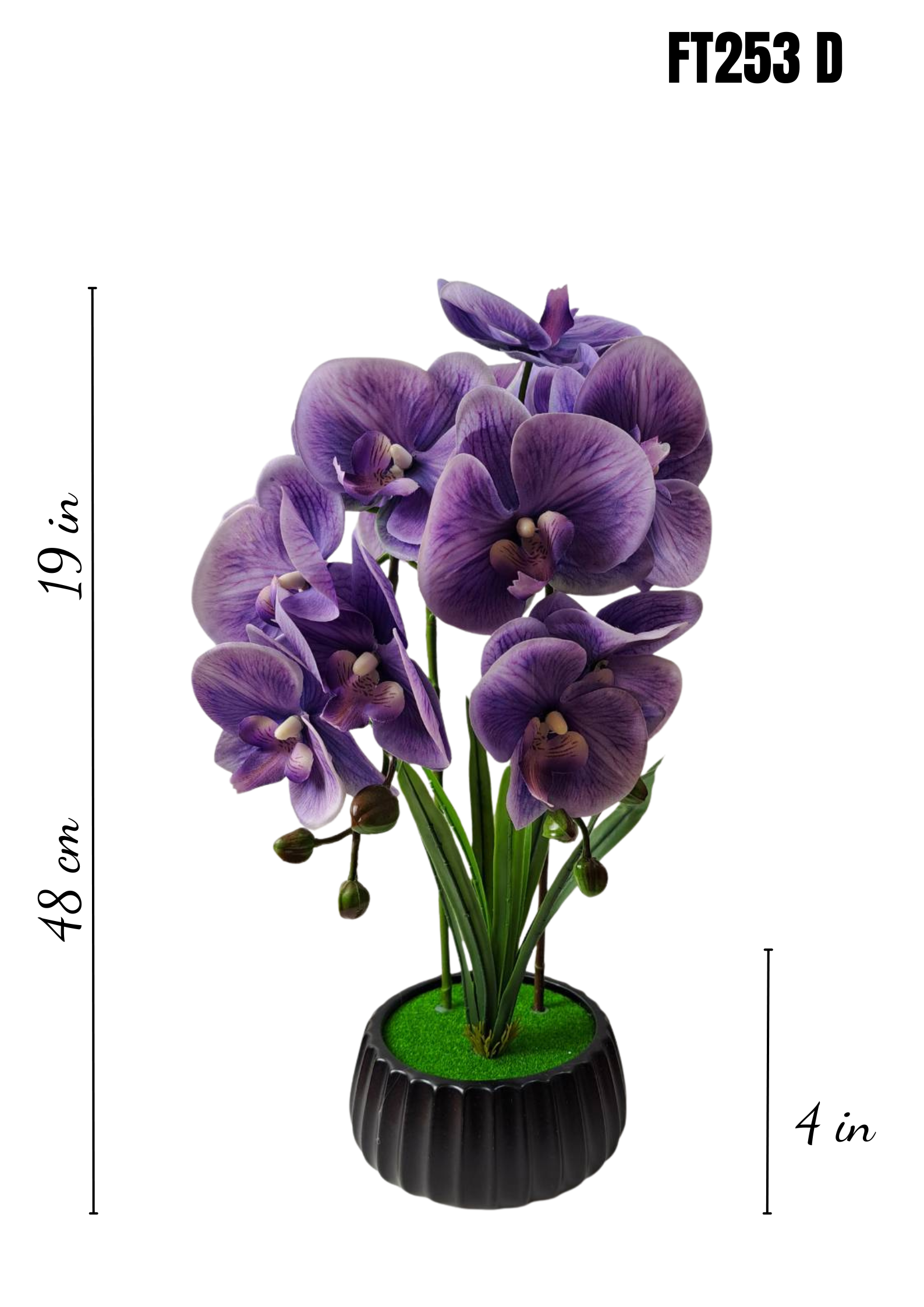 FT-253-D faux deep purple orchid arrangement with dimensions 19in x 4in pot