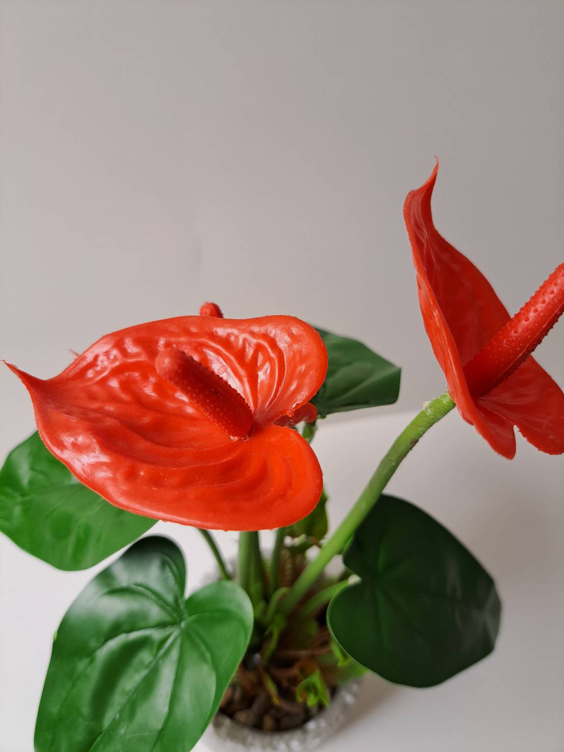 Faux red anthurium leaves and stems close-up in terrazzo stone pot