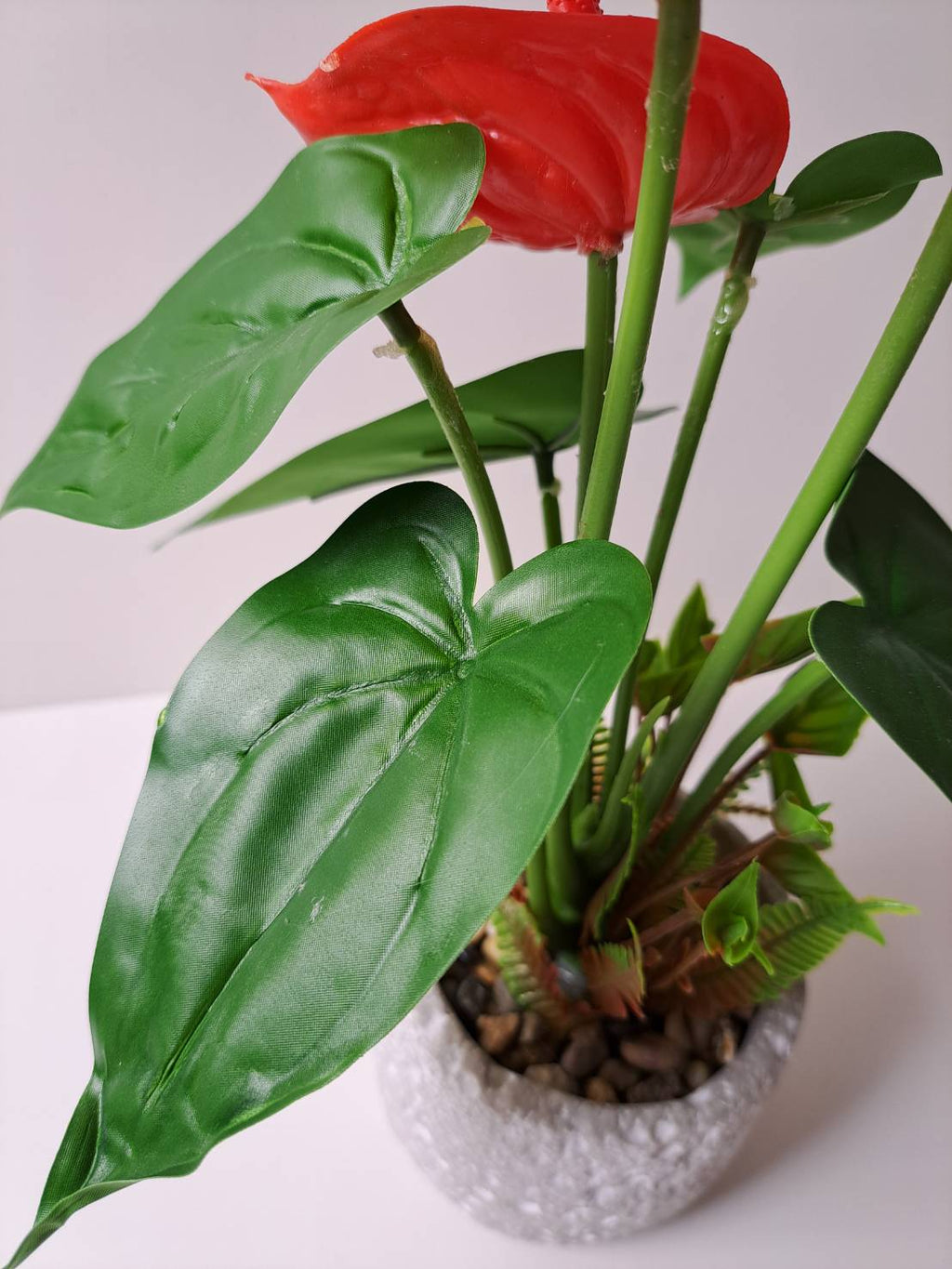 Faux red anthurium close-up blooms with dark green leaves