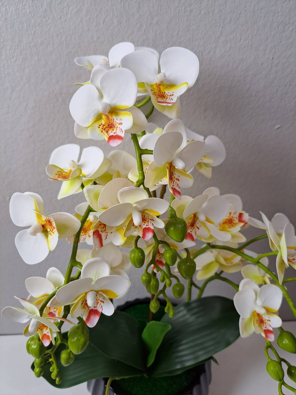 Faux white yellow orchid close-up blooms with buds