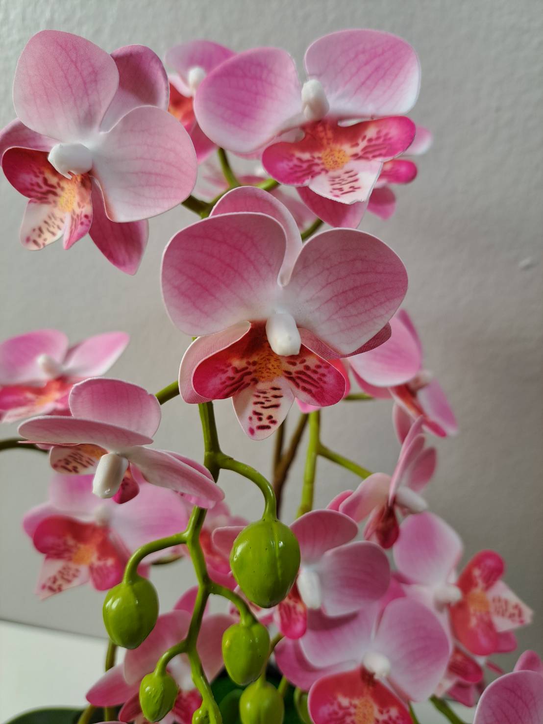 Faux pink orchid close-up blooms with buds in black ribbed pot
