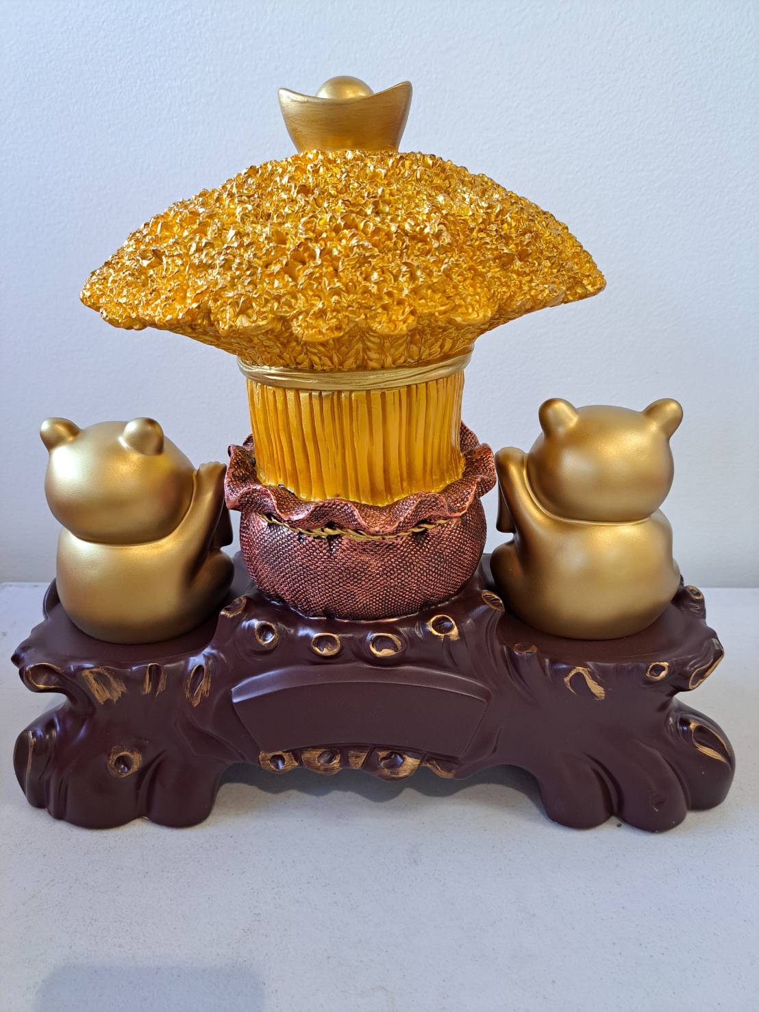 Golden Lucky Cat and Wealth Tree Decorative Figurine Set JF7302 - front view with two gold cats on dark carved base
