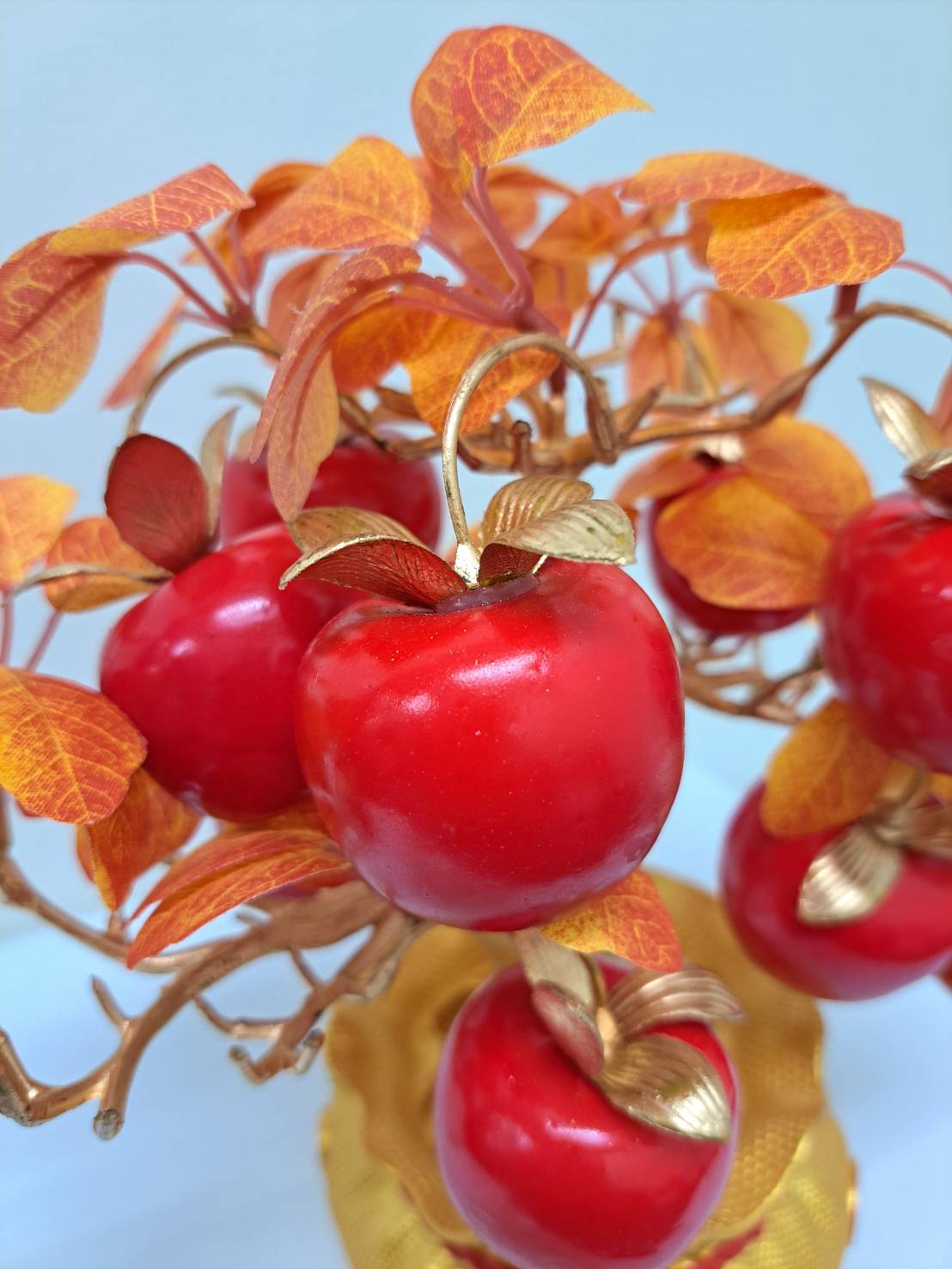 Side view of golden ornamental pot base on Artificial Apple Tree N20