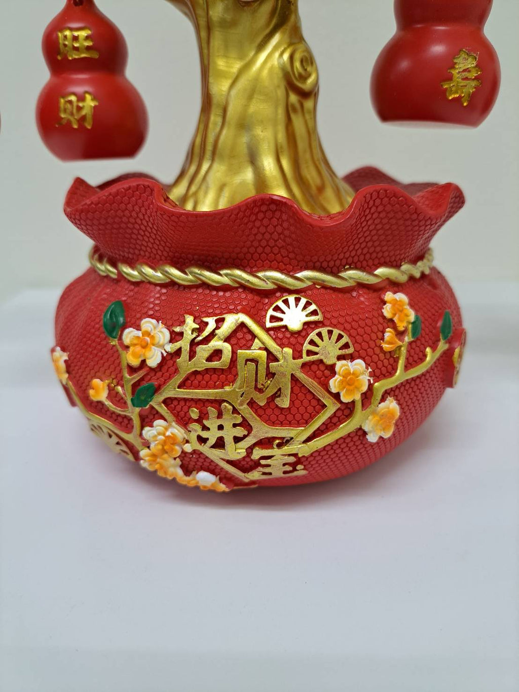Single red gourd ornament with 景富 inscription on Feng Shui Lucky Gourd Tree CX616