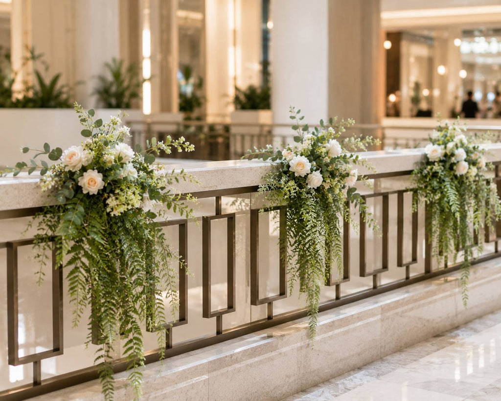 Artificial Hanging Fern styled on staircase railing with white roses