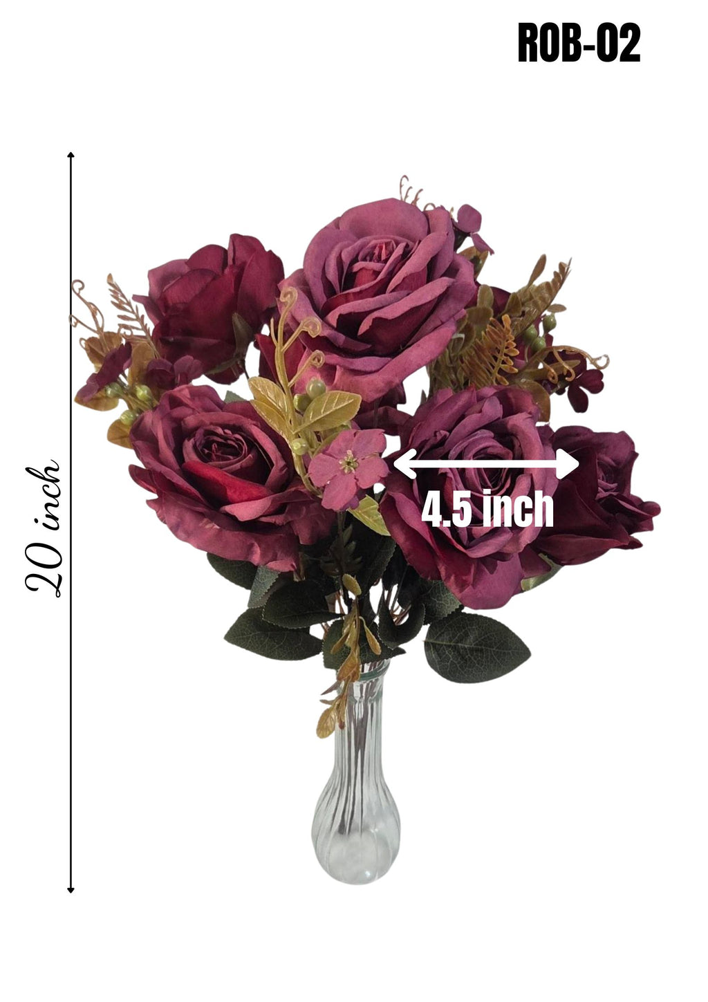Close-up of faux golden wire tendrils and green berry accents in rose bouquet ROB-02