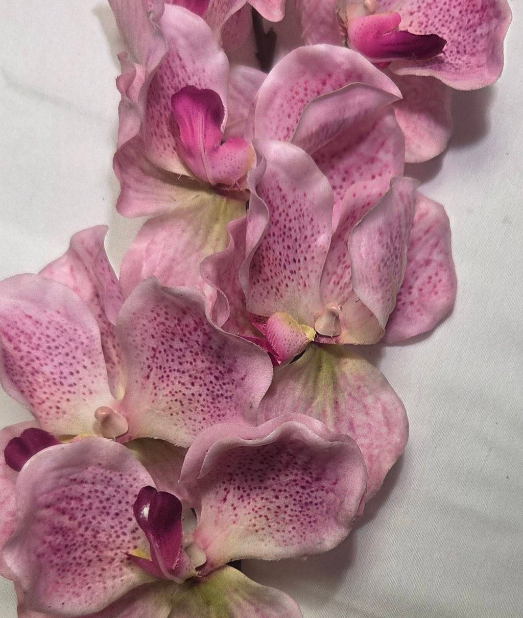 Faux Pink Vanda Orchid Stem ORS-02 - close-up of blush pink vanda orchid blooms with burgundy speckles