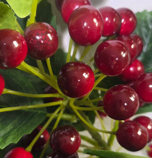 36" Artificial Red Berry Spray with Green Leaves - Faux Winter Berry Stem