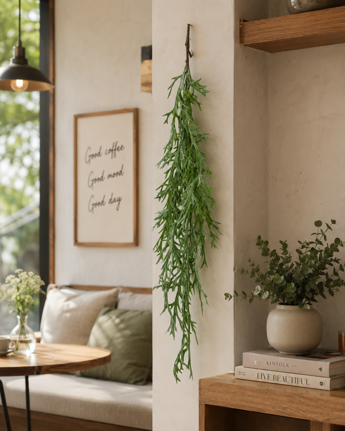 FT-06 lifestyle - hanging staghorn fern in café interior
