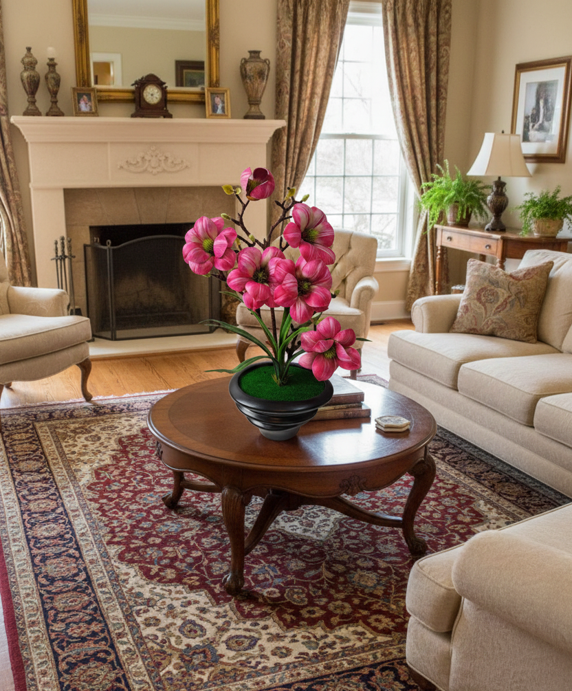 FT-257-C faux hot pink magnolia arrangement displayed on living room coffee table
