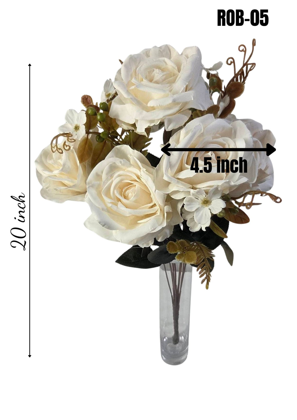 Faux ivory white rose bouquet ROB-05 in glass vase showing 20 inch height and 4.5 inch bloom diameter with size annotations