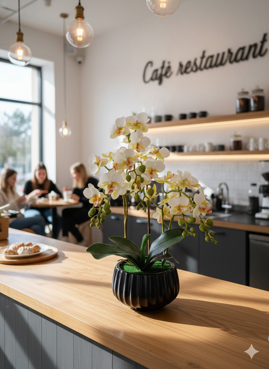 FT254A faux orchid lifestyle in cafe restaurant setting