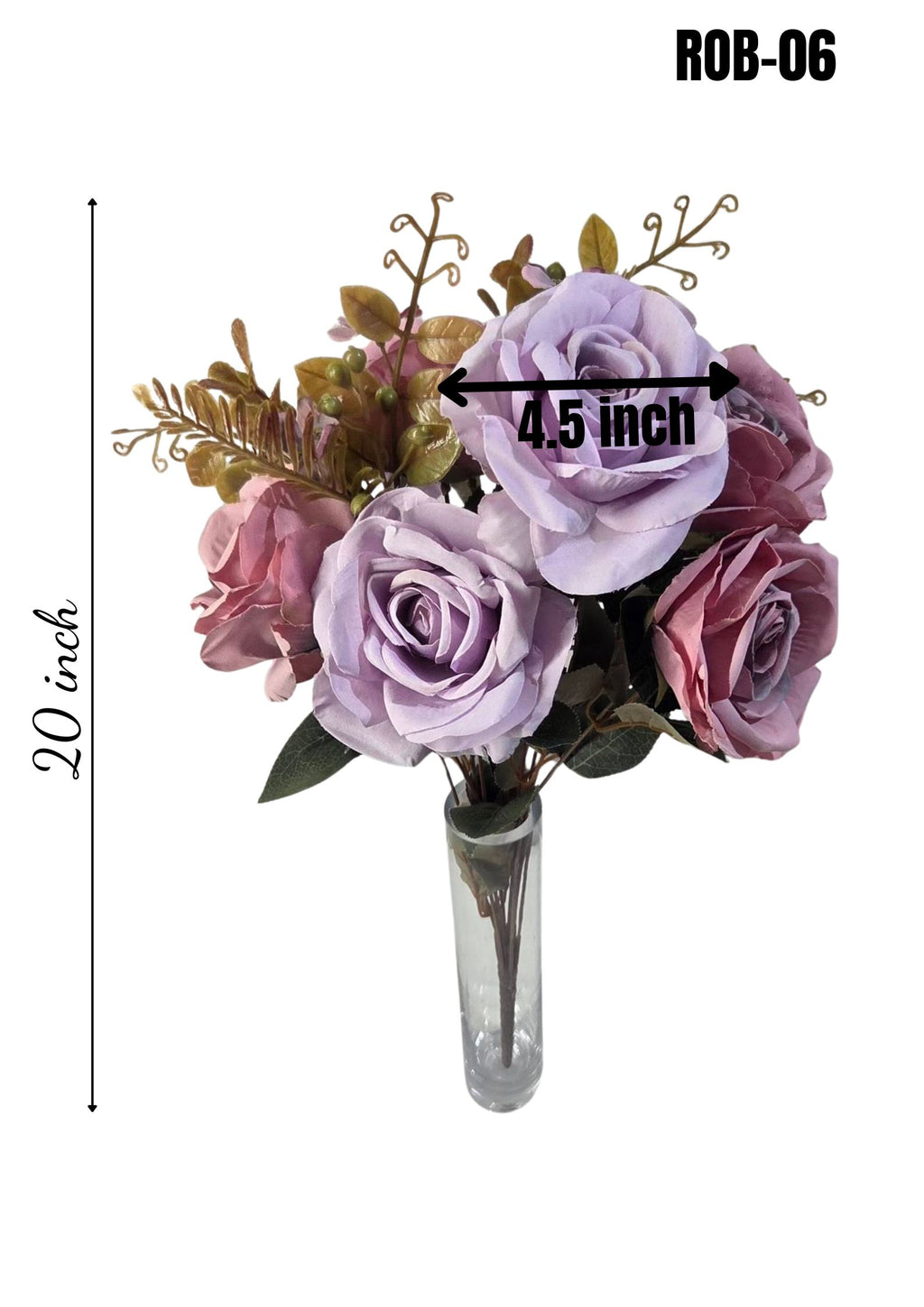 Faux lavender and dusty mauve rose bouquet ROB-06 in glass vase showing 20 inch height and 4.5 inch bloom diameter with size annotations