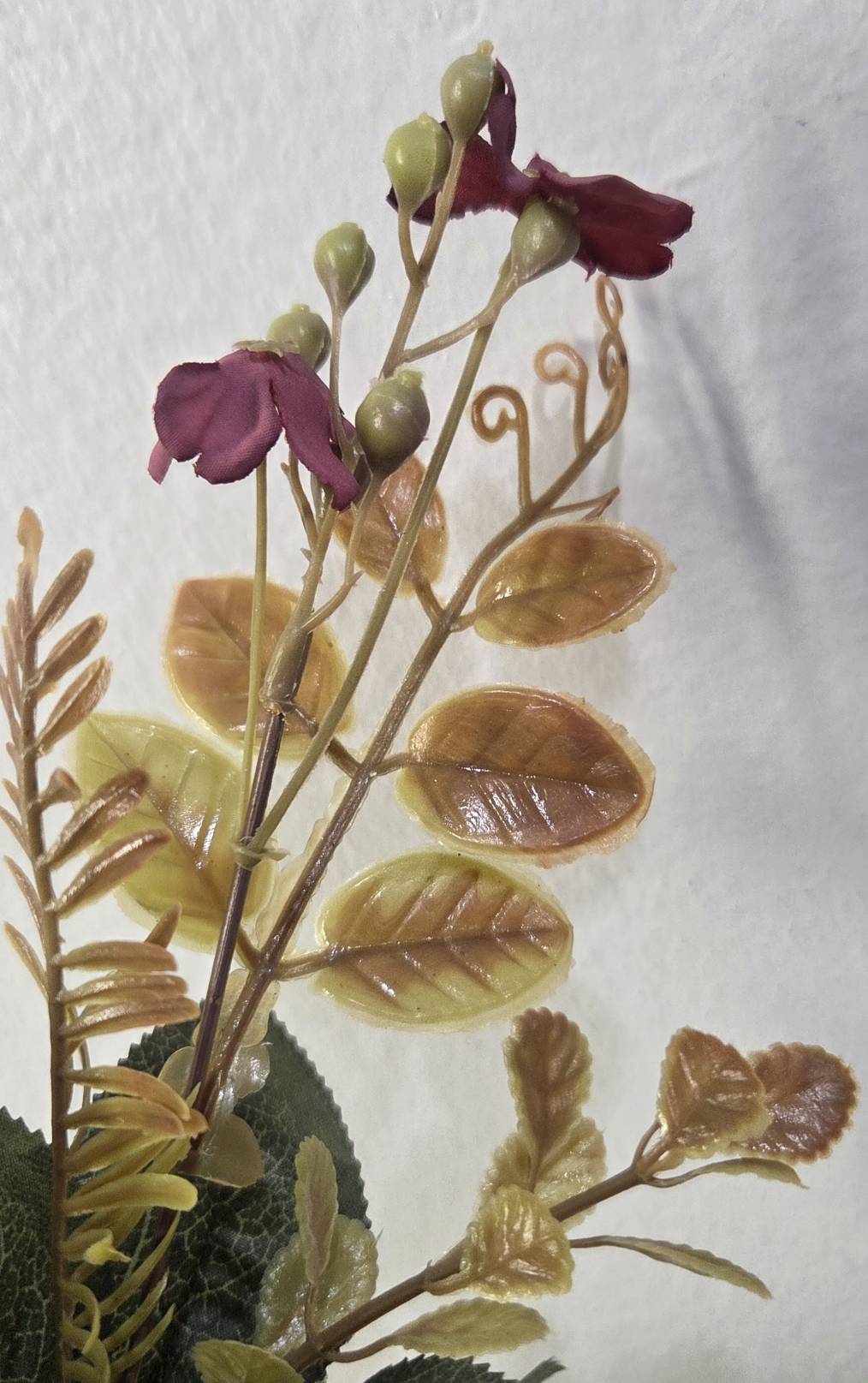Faux burgundy rose bouquet ROB-02 stems and foliage detail with mixed dried-look greenery