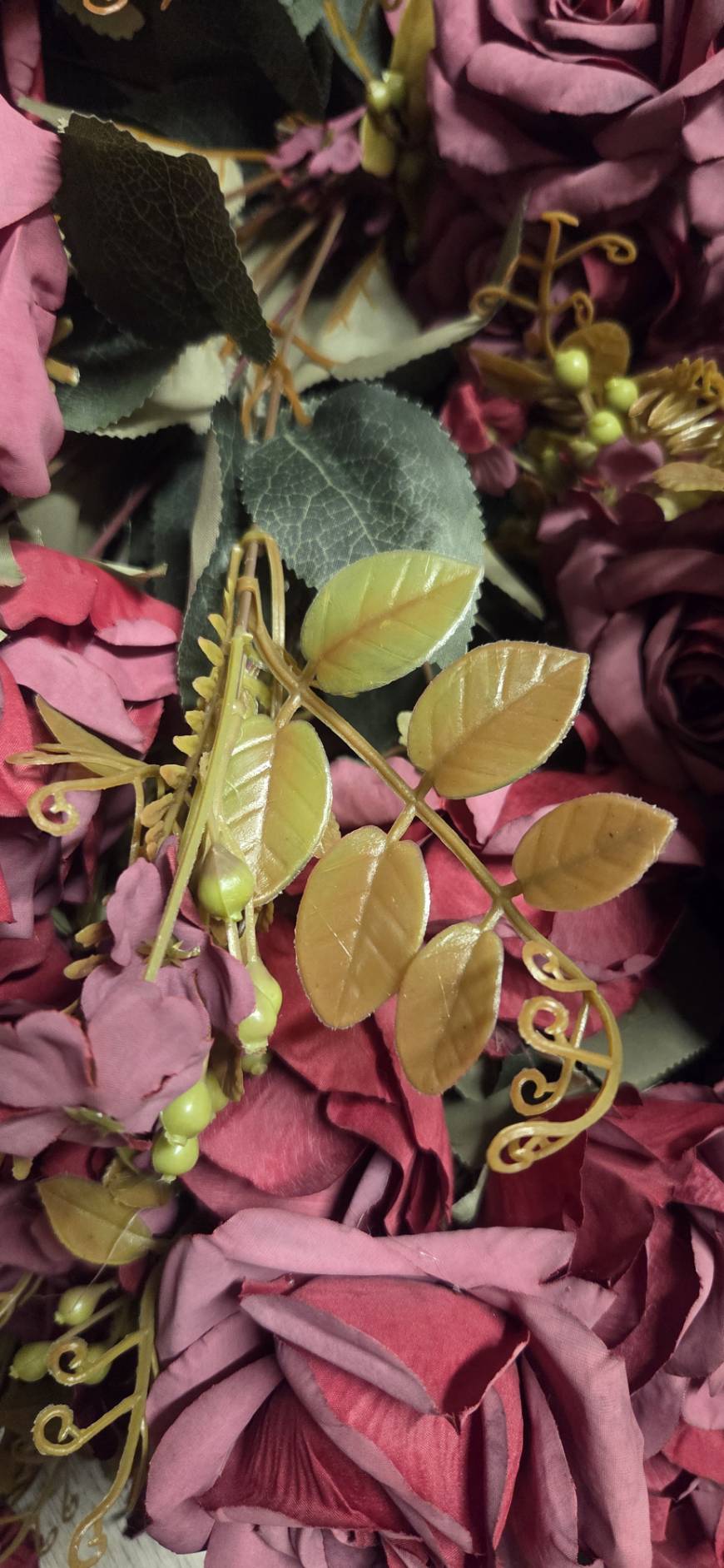 Close-up of faux deep burgundy and dusty mauve rose blooms - ROB-02