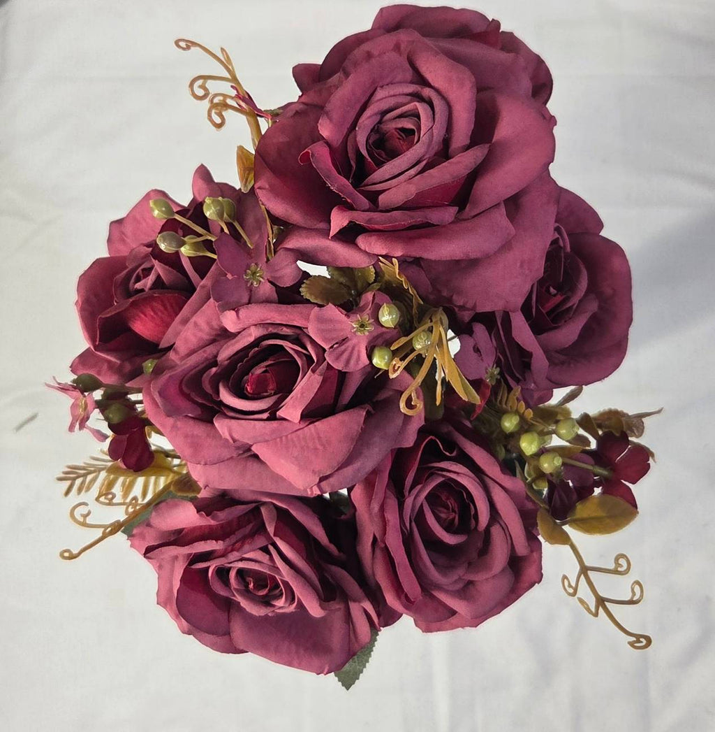 Faux burgundy mauve rose bouquet ROB-02 in white ribbed vase on cafe counter - lifestyle decor