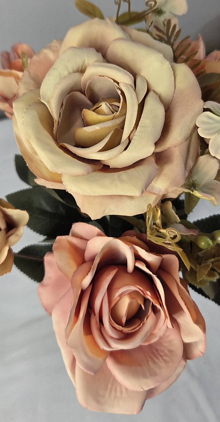 Faux botanical accent stem with aged bronze fern leaves, green berry clusters and golden curling tendrils