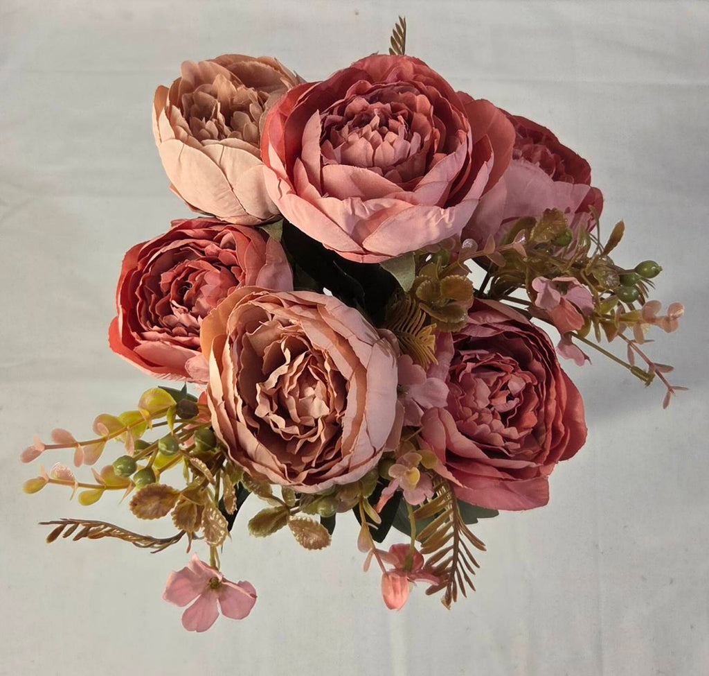 Faux Peony Rose Bouquet ROS-02 top view - full dusty rose and mauve peony blooms with greenery accents