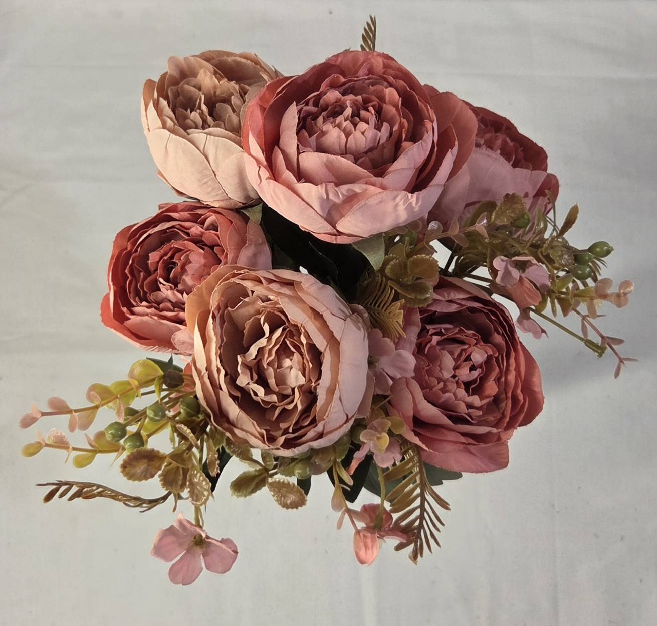 Faux Peony Rose Bouquet ROS-02 top view - full dusty rose and mauve peony blooms with greenery accents