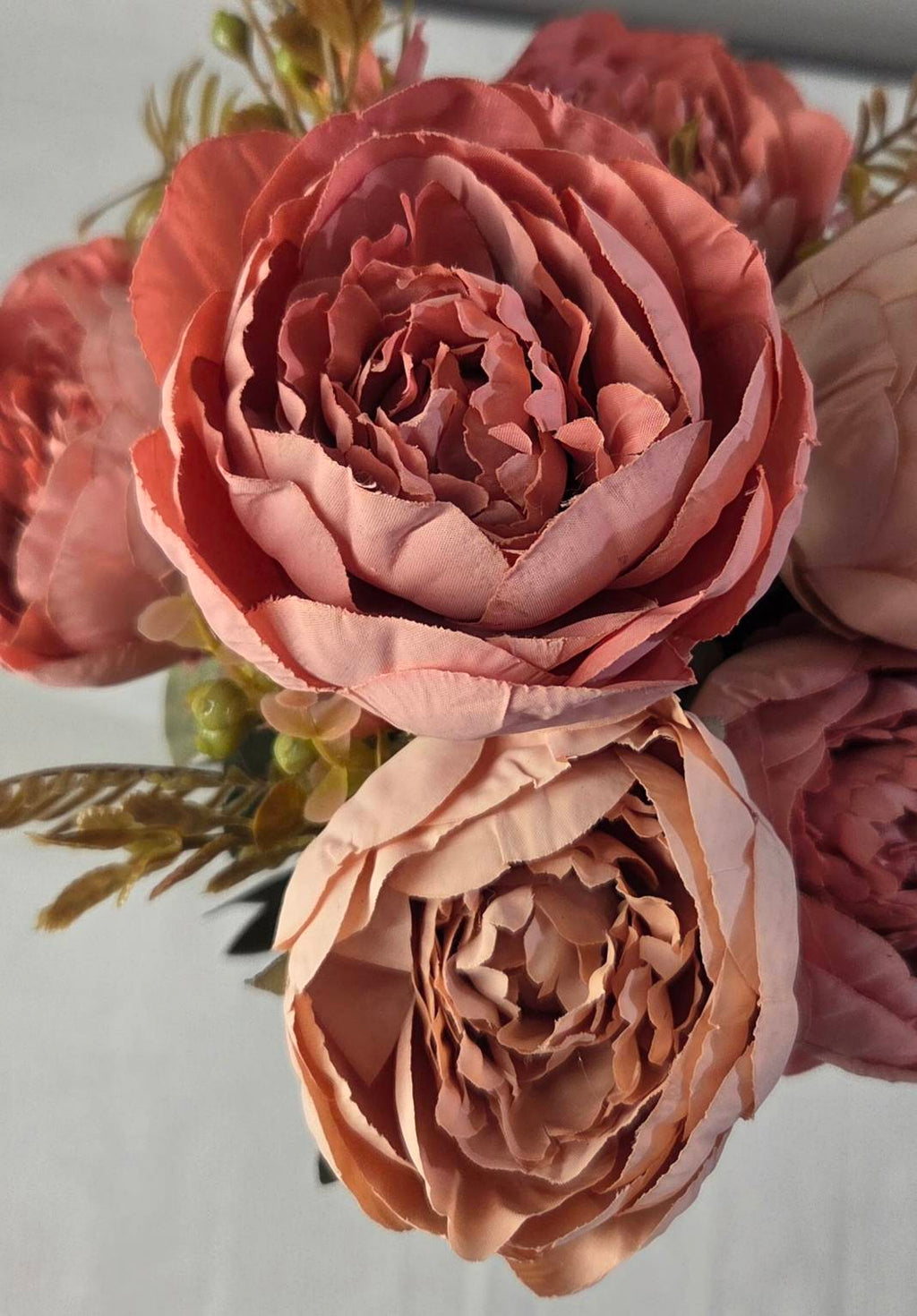 Faux Peony Rose Bouquet ROS-02 close-up - dusty rose and blush peony blooms with layered petals