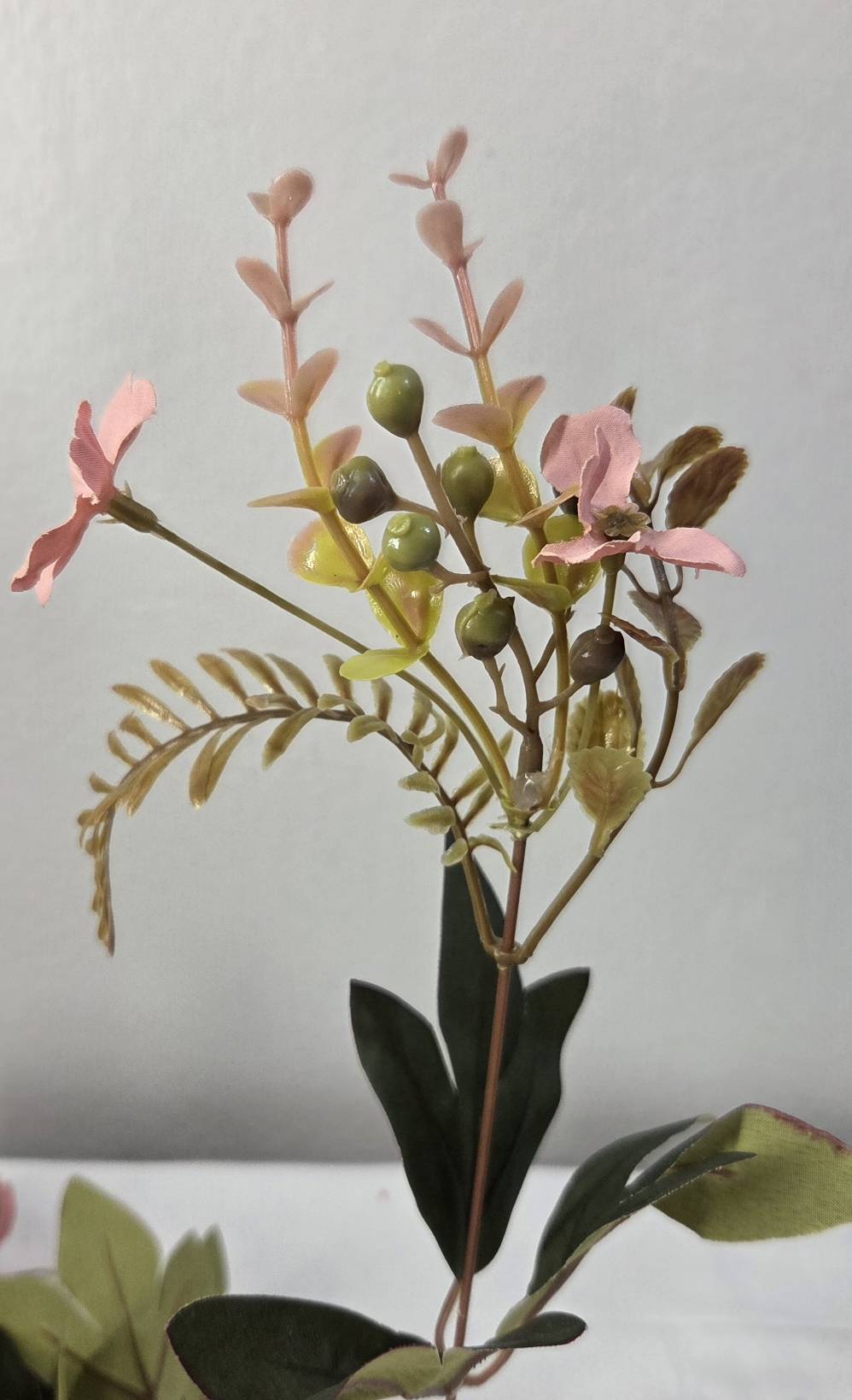 Faux Peony Rose Bouquet ROS-02 detail - faux greenery stem with berry buds and pink wildflowers