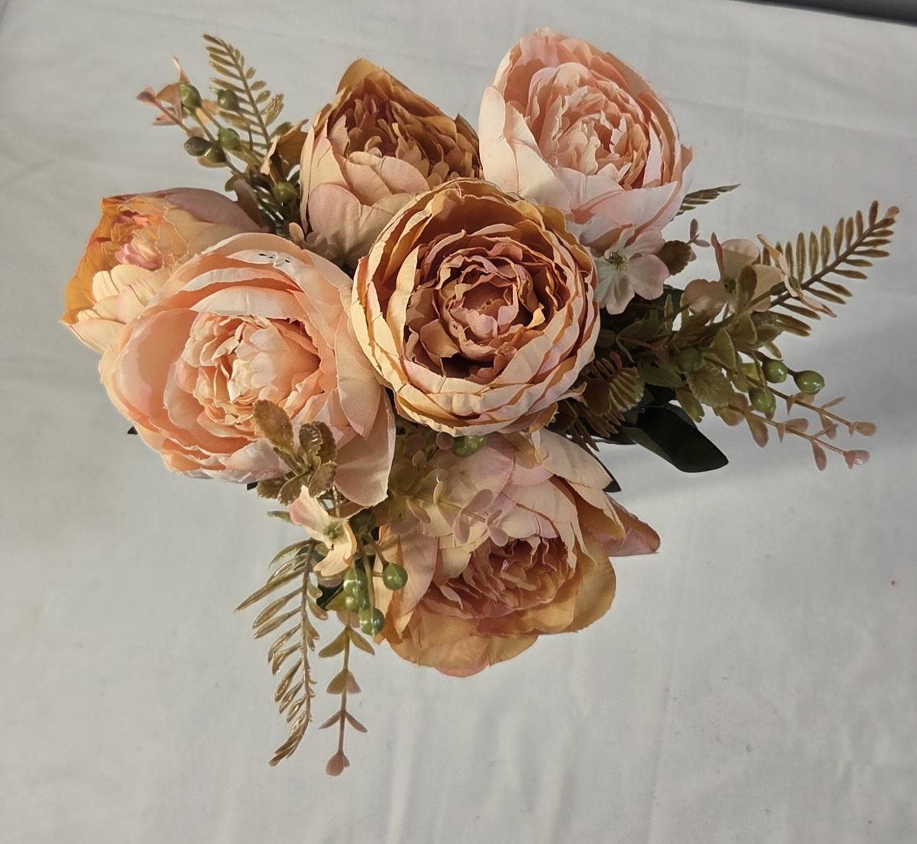 Faux Peony Rose Bouquet ROS-03 top view - peach and champagne peony blooms with fern and berry accents