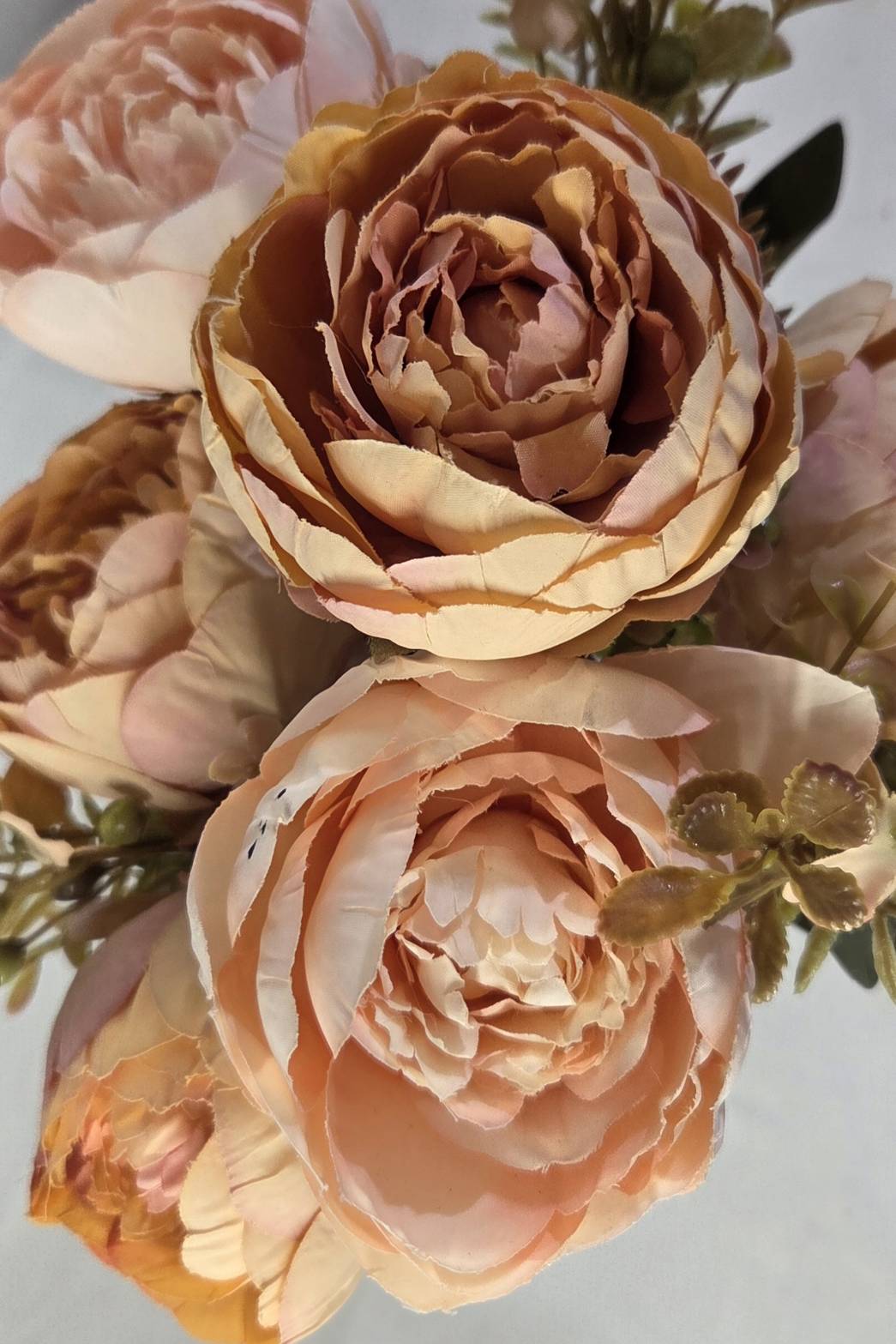 Faux Peony Rose Bouquet ROS-03 detail - faux wildflower stem with green berry buds and fern fronds