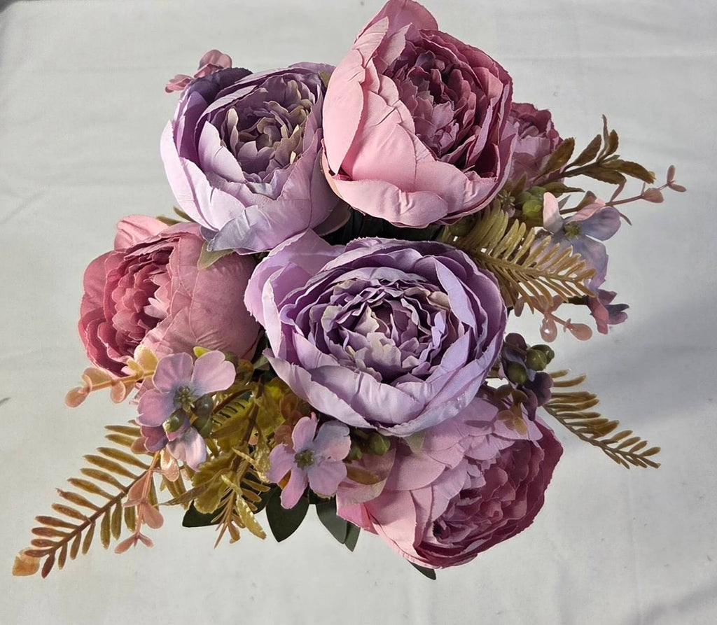 Faux Peony Rose Bouquet ROS-04 top view - lavender and dusty pink peony blooms with golden fern and berry accents