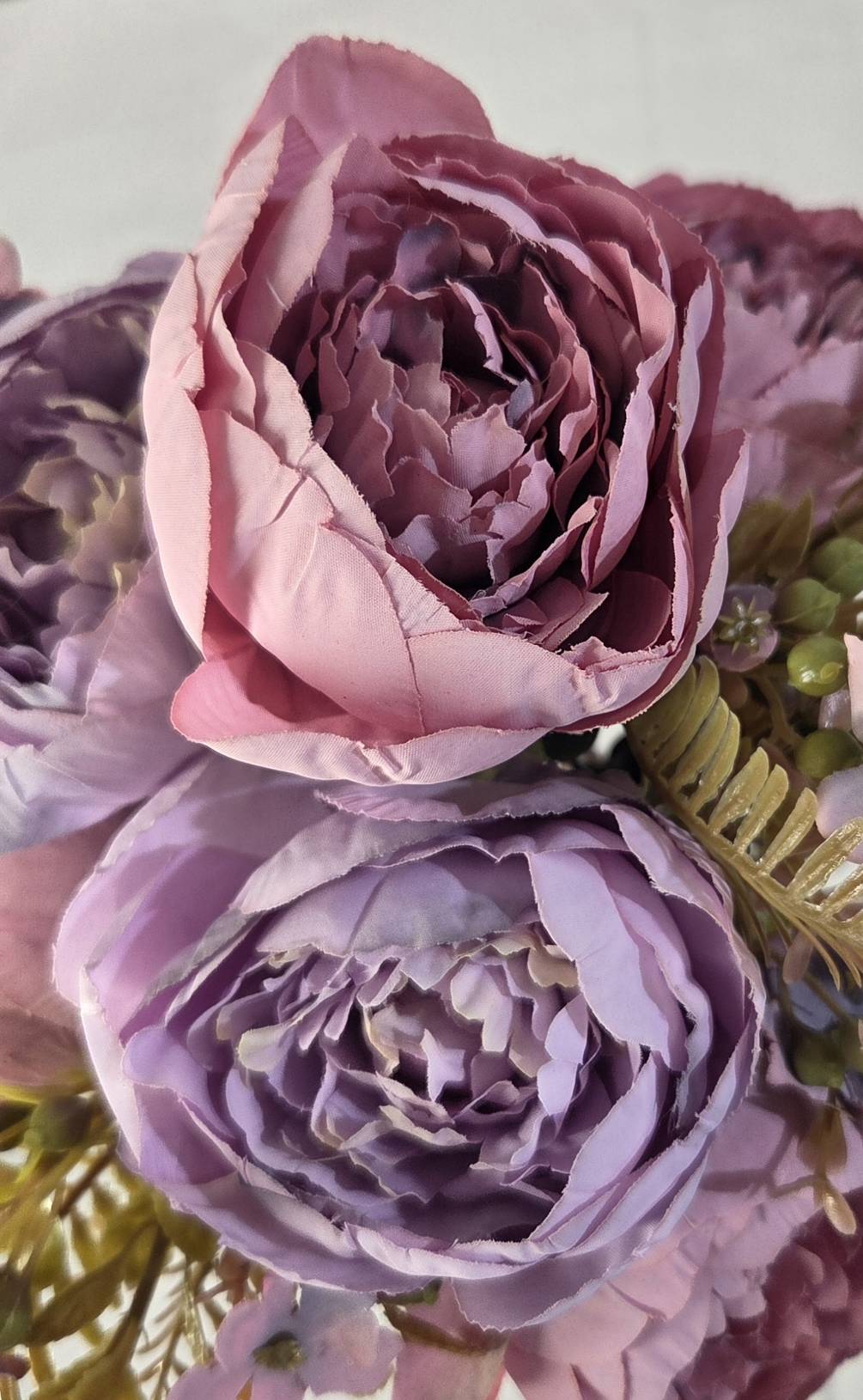 Faux Peony Rose Bouquet ROS-04 close-up - layered lavender and mauve peony petals with spiral center