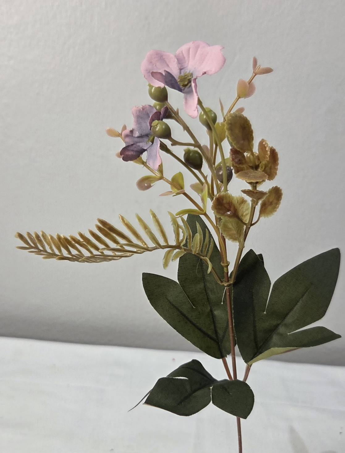 Faux Peony Rose Bouquet ROS-04 accent stem - faux wildflower spray with lavender blooms, green berry buds, and golden fern