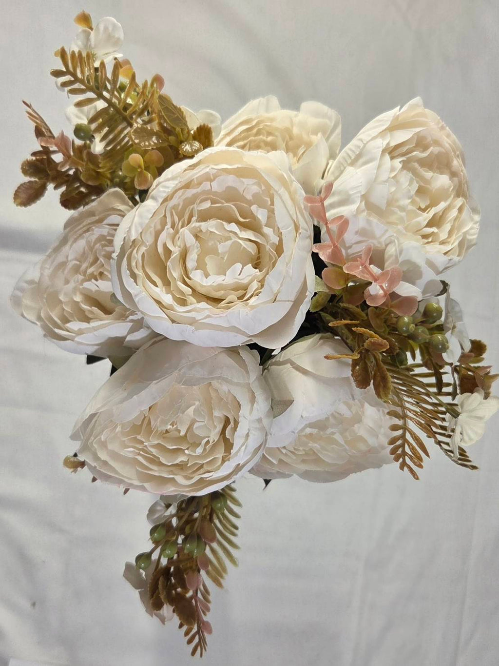 Faux Peony Rose Bouquet ROS-05 top view - white and ivory peony blooms with golden fern and green berry accents