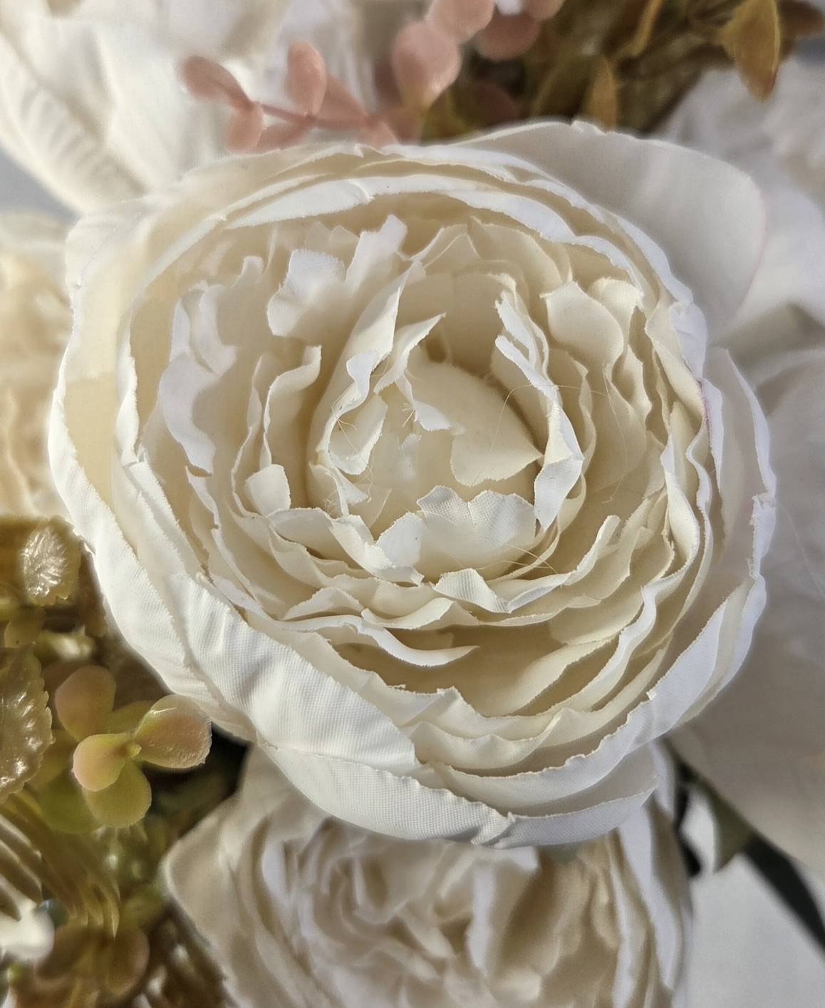 Faux Peony Rose Bouquet ROS-05 close-up - layered white and cream peony petals with spiral center